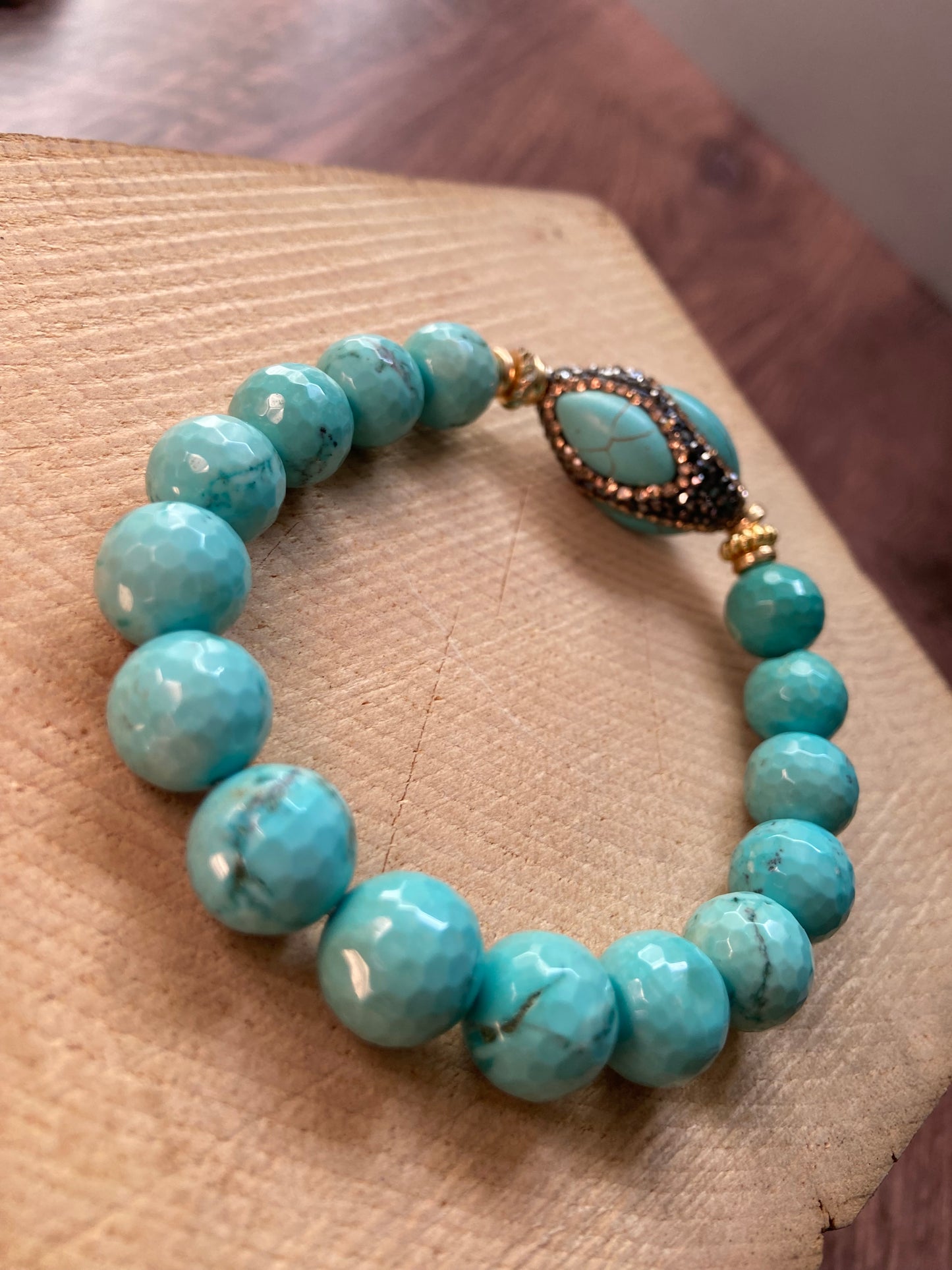 Faceted Turquoise Bracelet with Gunmetal and Gold Turquoise Focal Piece