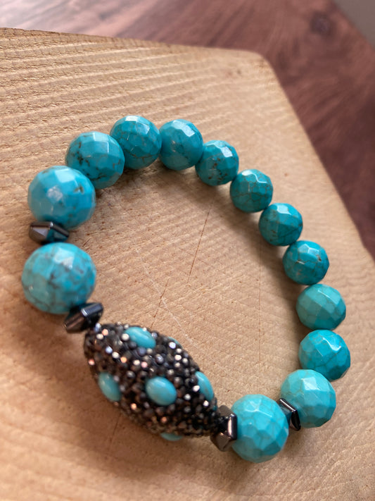 Faceted Turquoise Bracelet with Turquoise and Gunmetal Focal Piece