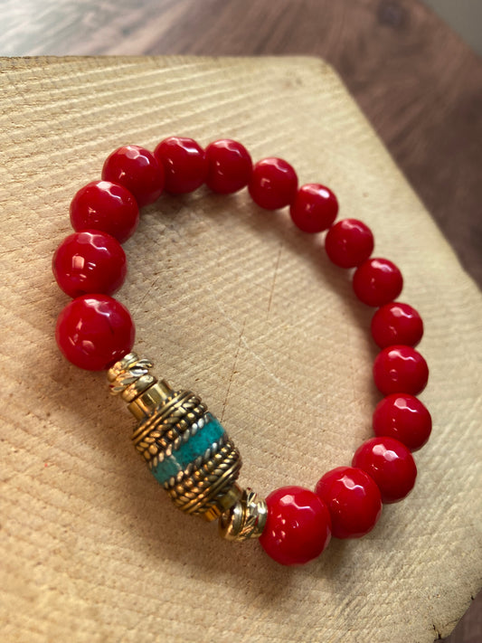 Red Jasper Bracelet with Tibetan Focal Piece