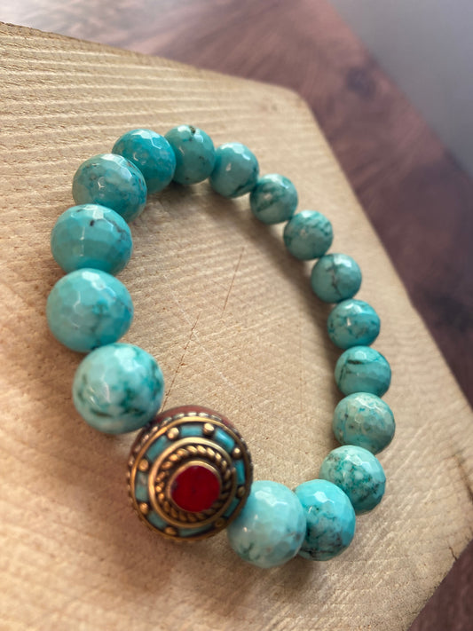 Faceted Turquoise Bracelet with Tibetan Focal Piece